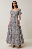 White and Blue A Line Leopard Printed Square Neck Long Work Dress