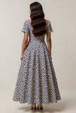 White and Blue A Line Leopard Printed Square Neck Long Work Dress