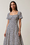 White and Blue A Line Leopard Printed Square Neck Long Work Dress