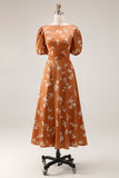 Orange Floral Printed A Line Midi Wedding Guest Dress with Sleeves