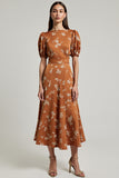 Orange Floral Printed Bateau Neck Long Work Dress With Sleeves