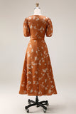 Orange Floral Printed Bateau Neck Long Work Dress With Sleeves