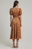 Orange Floral Printed Bateau Neck Long Work Dress With Sleeves