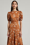 Orange Floral Printed Bateau Neck Long Work Dress With Sleeves