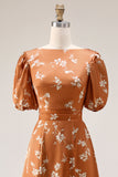 Orange Floral Printed A Line Midi Wedding Guest Dress with Sleeves