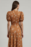 Orange Floral Printed Bateau Neck Long Work Dress With Sleeves