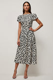 White Black Printed A Line Bateau Neck Long Work Dress