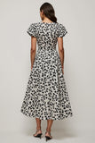 White Black Printed A Line Bateau Neck Long Work Dress