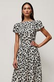 White Black Printed A Line Bateau Neck Long Work Dress