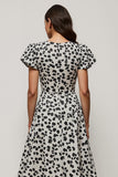 White Black Printed A Line Bateau Neck Long Work Dress