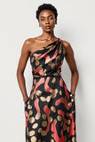 A Line Black Printed One Shoulder Long Work Dress with Pockets