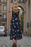 Dark Blue Floral Print A Line Midi Work Dress