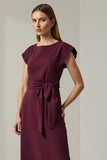 Dark Red Round Neck Pencil Long Work Dress with Sleeves