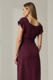 Dark Red Round Neck Pencil Long Work Dress with Sleeves