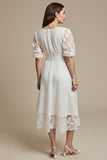 White Boat Neck A Line Midi Lace Engagement Dress with Sleeves