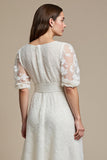 White Boat Neck A Line Midi Lace Engagement Dress with Sleeves
