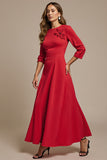 Red Boat Neck A Line Long Work Dress with 3D Flowers