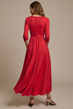 Red Boat Neck A Line Long Work Dress with 3D Flowers
