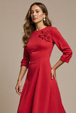 Red Boat Neck A Line Long Work Dress with 3D Flowers