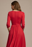 Red Boat Neck A Line Long Work Dress with 3D Flowers
