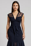 Navy V-Neck Short Chiffon Work Dress with Sash