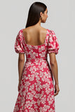 Red V-Neck A Line Long Floral Work Dress with Sleeves