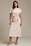 Pink Boat Neck Satin Ruched Maxi Work Dress with Sleeves