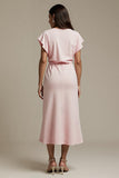 Pink Boat Neck Satin Ruched Maxi Work Dress with Sleeves