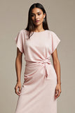 Pink Boat Neck Satin Ruched Maxi Work Dress with Sleeves