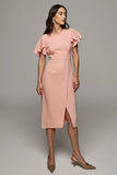 Orange Round Neck Bodycon Midi Ruffled Work Dress with Slit