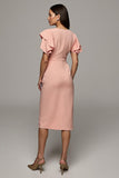 Orange Round Neck Bodycon Midi Ruffled Work Dress with Slit