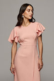 Orange Round Neck Bodycon Midi Ruffled Work Dress with Slit