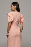 Orange Round Neck Bodycon Midi Ruffled Work Dress with Slit