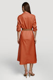 Orange Collar Neck Midi Shirt Work Dress with Belts