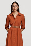 Orange Collar Neck Midi Shirt Work Dress with Belts