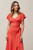 Orange A Line Flutter Sleeve Work Dress with Side Knot