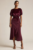 Burgundy Bodycon Ruched Tea Length Work Dress with Sleeves