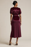 Burgundy Bodycon Ruched Tea Length Work Dress with Sleeves
