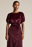 Burgundy Bodycon Ruched Tea Length Work Dress with Sleeves