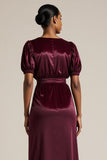 Burgundy Bodycon Ruched Tea Length Work Dress with Sleeves