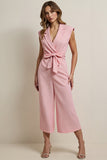 Pink Notched Lapel Satin Work Jumpsuits with Sash