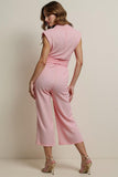 Pink Notched Lapel Satin Work Jumpsuits with Sash