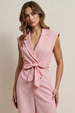 Pink Notched Lapel Satin Work Jumpsuits with Sash