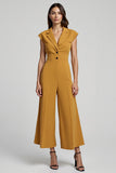 Yellow Satin Notched Lapel Work Jumpsuits