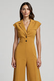 Yellow Satin Notched Lapel Work Jumpsuits