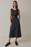 Navy A Line Satin Tea Length Work Dress with Belt