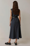 Navy A Line Satin Tea Length Work Dress with Belt