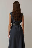 Navy A Line Satin Tea Length Work Dress with Belt