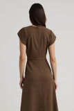 Brown A Line Satin V-Neck Semi Formal Dress with Sash