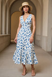 White Blue Printed A Line Long Summer Dress with Ruffles